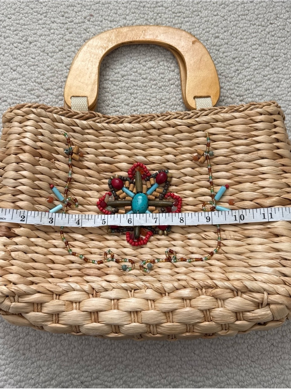 White Stag Natural Woven Tote with Turquoise & Red Beaded Accent - Picture 3 of 6